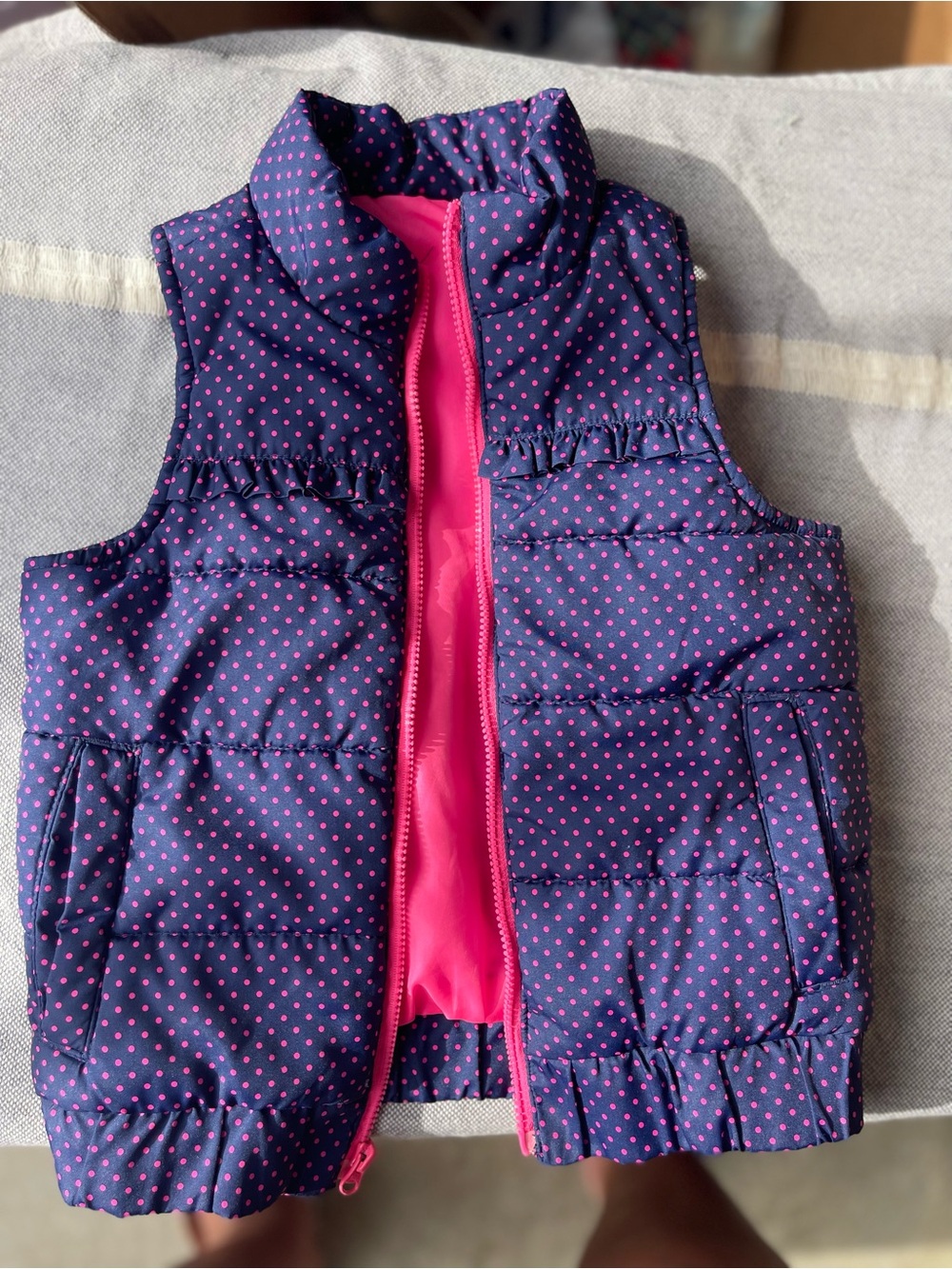 Target Girls Navy Blue Puffer Vest with Pink Polka Dots